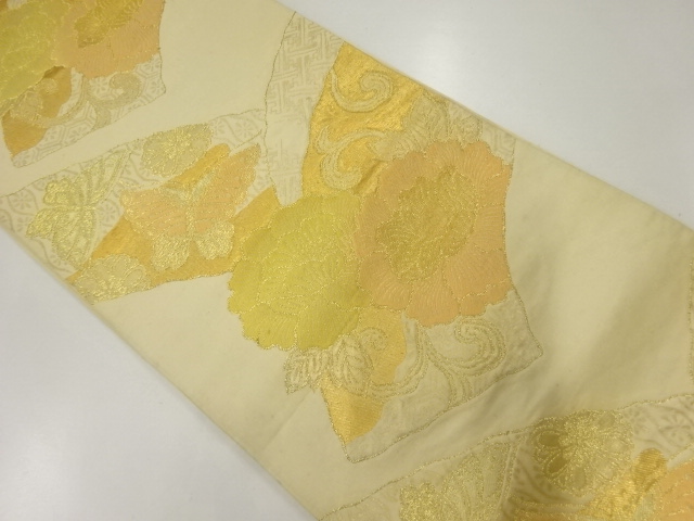 アンティーク　地紙に花・蝶模様織出し袋帯（材料）